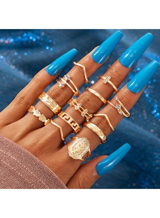 Edary Vintage Ring Set Carved Knuckle Crystal Rings Set Gold Stackable Midi Rings Finger Jewelry For Women And Girls(13Pcs) - Image 4