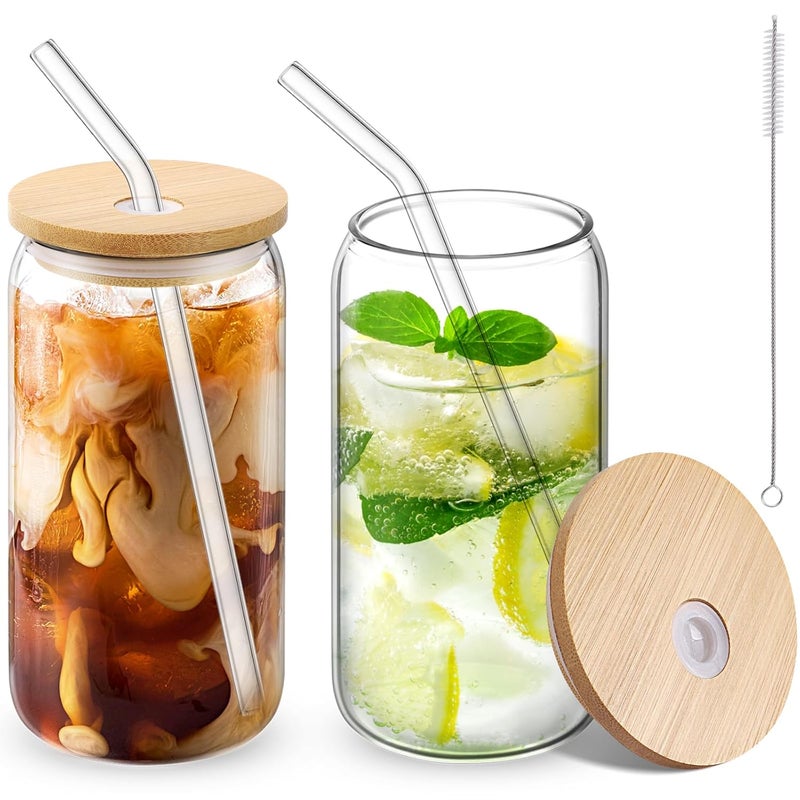 CWHHRN Glass Cups with Lid and Straw 16oz Beer Glasses Glass Coffee Cups Iced Coffee Cups with Lid Glass Tumbler with Straw and Lid 2 PACK - Image 1