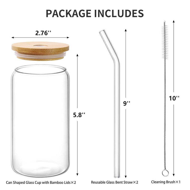 CWHHRN Glass Cups with Lid and Straw 16oz Beer Glasses Glass Coffee Cups Iced Coffee Cups with Lid Glass Tumbler with Straw and Lid 2 PACK - Image 2