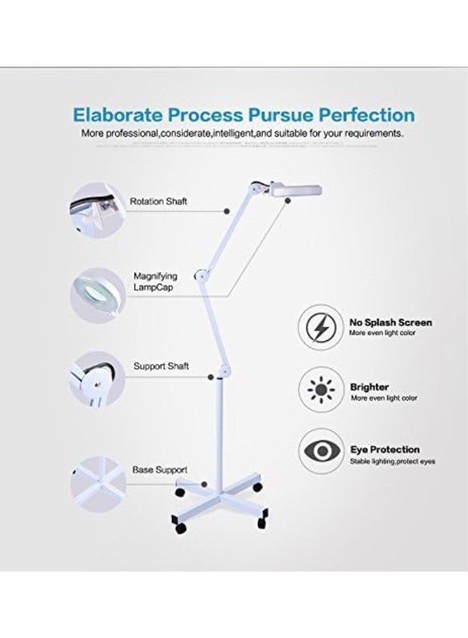 Magnifying Lamp, 5X LED Magnifier Lamp Adjustable Rolling Floor Stand Magnifying Light Diopter for Salon Beauty Equipment US Plug (White)