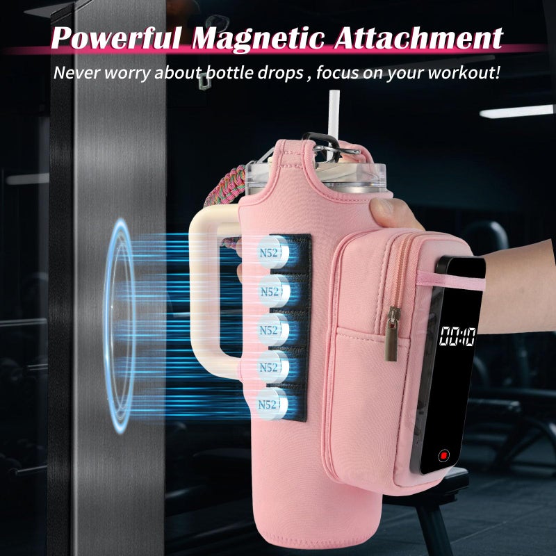 SLEVIO TIMER Magnetic Gym Bag for Men, Water Bottle Carrier Holder with Strap, Phone Pockets for Stanley Cup 40 oz Tumbler, Small Bag Gym Accessories for Women with N52 Super Magnet(Pink) - Image 3