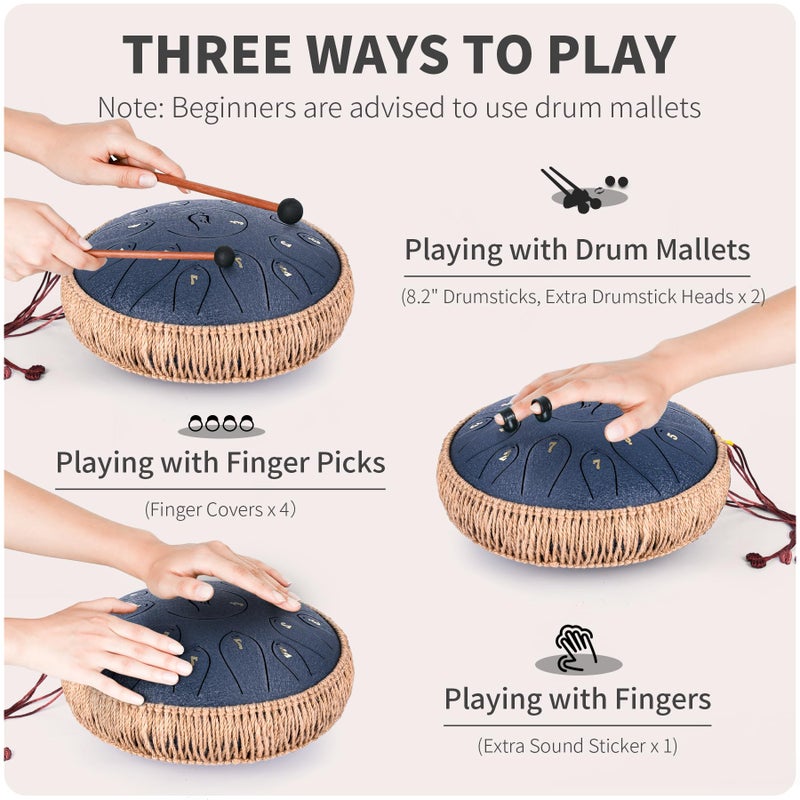 natraldrum Steel Tongue Drum, 12 Inch 15 Note Tongue Drums, Handpan Drums Percussion Instrument for Kids & Adults, Hand Pan Drum with Music Book, Drum Mallets and Carry Bag, Major C (Navy Blue) - Image 5