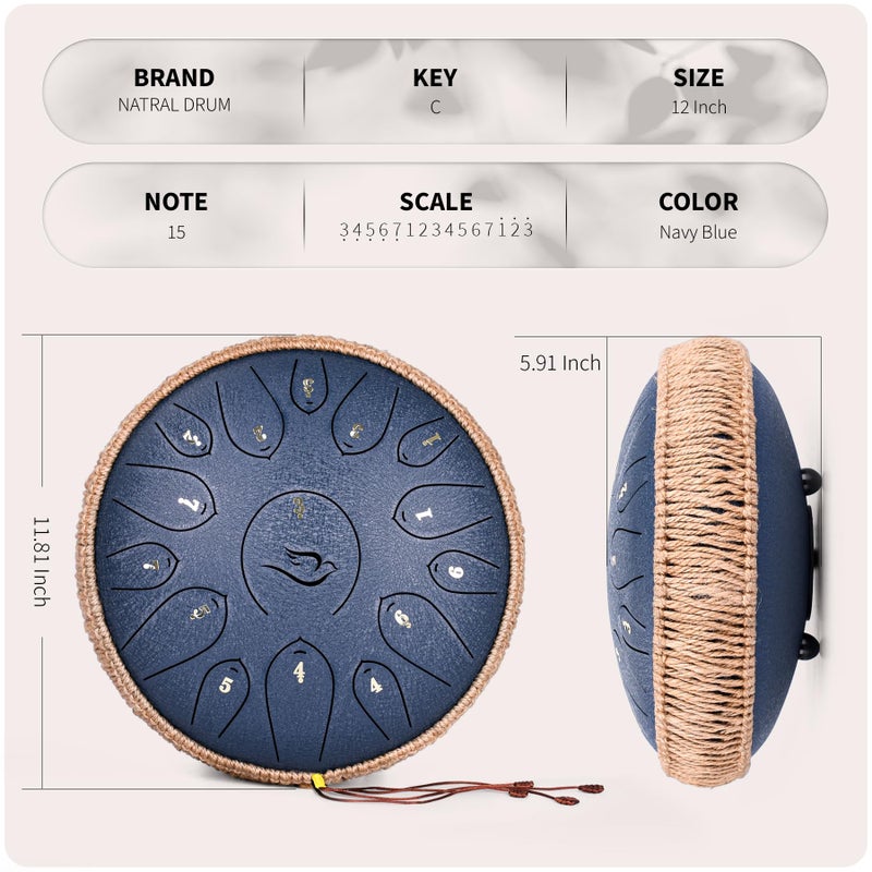 natraldrum Steel Tongue Drum, 12 Inch 15 Note Tongue Drums, Handpan Drums Percussion Instrument for Kids & Adults, Hand Pan Drum with Music Book, Drum Mallets and Carry Bag, Major C (Navy Blue) - Image 4