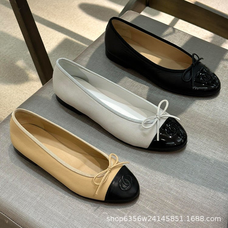 Tweed Style Flats Genuine Leather Flats For Women With Shallow Mouth, Comfortable Round Toe, Classic Color Matching Bow Ballet Shoes, Scoop Shoes - Image 3