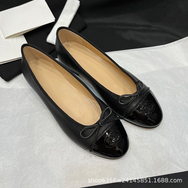 Tweed Style Flats Genuine Leather Flats For Women With Shallow Mouth, Comfortable Round Toe, Classic Color Matching Bow Ballet Shoes, Scoop Shoes - Image 4