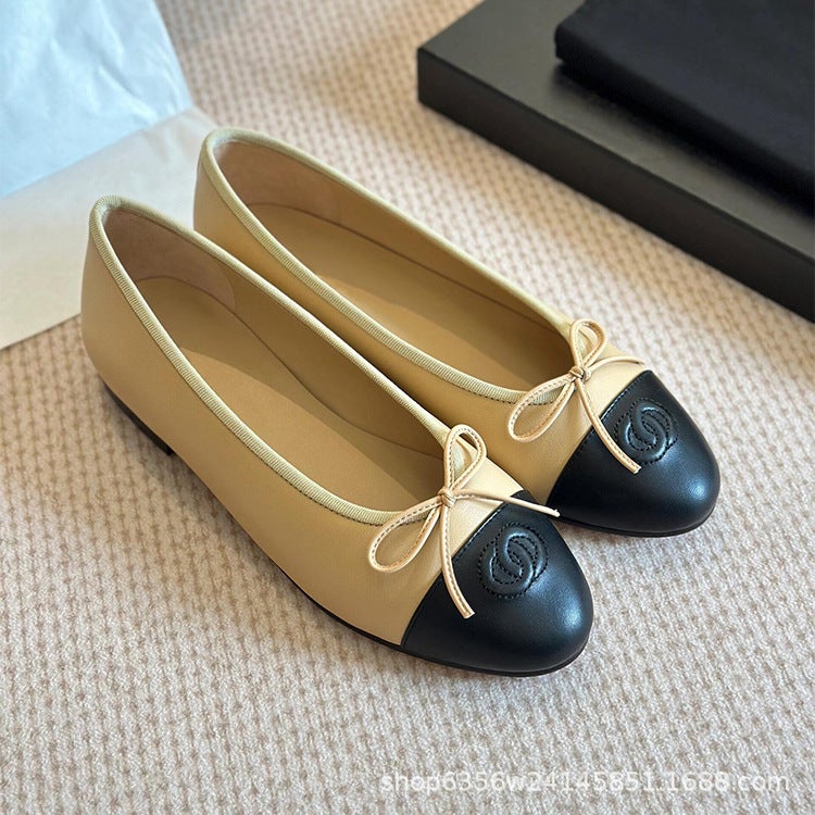 Tweed Style Flats Genuine Leather Flats For Women With Shallow Mouth, Comfortable Round Toe, Classic Color Matching Bow Ballet Shoes, Scoop Shoes - Image 2