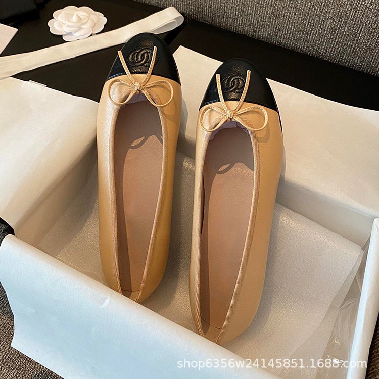 Tweed Style Flats Genuine Leather Flats For Women With Shallow Mouth, Comfortable Round Toe, Classic Color Matching Bow Ballet Shoes, Scoop Shoes - Image 1