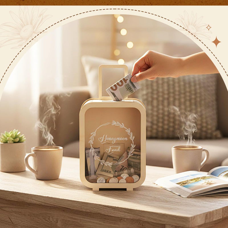 Vesici Honeymoon Fund Money Box Wedding Wooden Honey Moon Decorative Savings Box Suitcase Wood Honeymoon Money Coin Bank Case Gift for Adults Wedding Reception, Birthday, Bridal Showers - Image 3