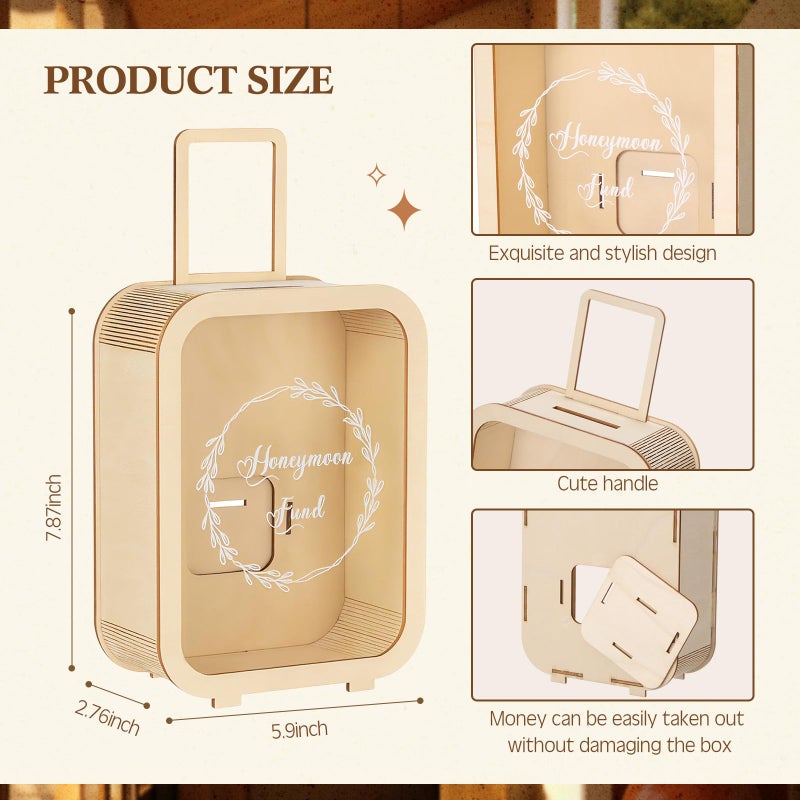 Vesici Honeymoon Fund Money Box Wedding Wooden Honey Moon Decorative Savings Box Suitcase Wood Honeymoon Money Coin Bank Case Gift for Adults Wedding Reception, Birthday, Bridal Showers - Image 2