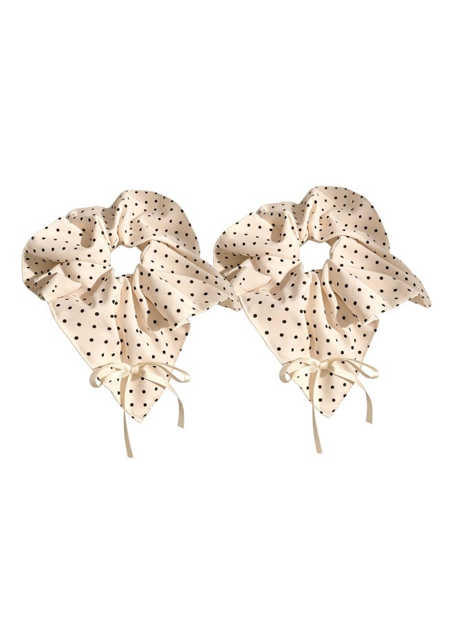 عبوتان من ربطات شعر منقطة باللونين الكريمي والأسود مع فيونكة، إكسسوارات شعر كلاسيكية مكشكشة للنساء - Image 1