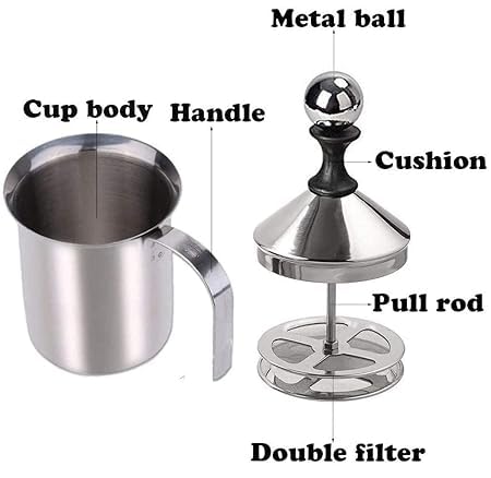 MINTOX Freezer Stainless Steel Milk Frother Cappuccino Coffee Frother Double Froth Pump Manual Milk Frother Stainless Steel Hand Pump 400ml - Image 2