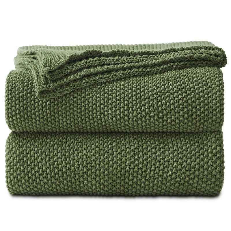 Longhui bedding Olive Green Cotton Cable Knit Throw Blanket for Couch Sofa Bed Home Decorative Lightweight Knitted Blankets with Bonus Laundering Bag 60 x 80 Machine Washable