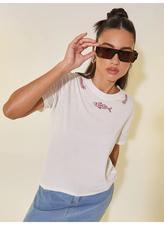 Take Two Take Two Embroidered Round Neck T-Shirt