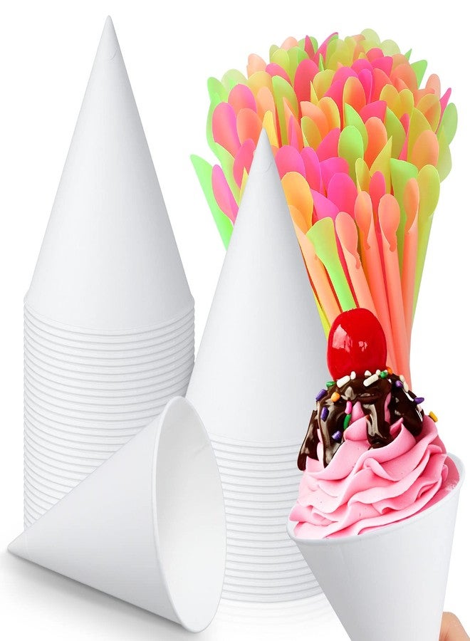 Eaasty 100 Pcs Snow Cone Cups and Straws - 4.5 oz Disposable Cone Paper Cups with Spoon Straws for Slush, Shaved Ice, Cream, Sorbet, Water - Image 1
