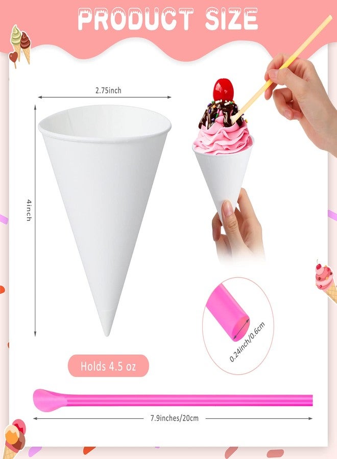 Eaasty 100 Pcs Snow Cone Cups and Straws - 4.5 oz Disposable Cone Paper Cups with Spoon Straws for Slush, Shaved Ice, Cream, Sorbet, Water - Image 2