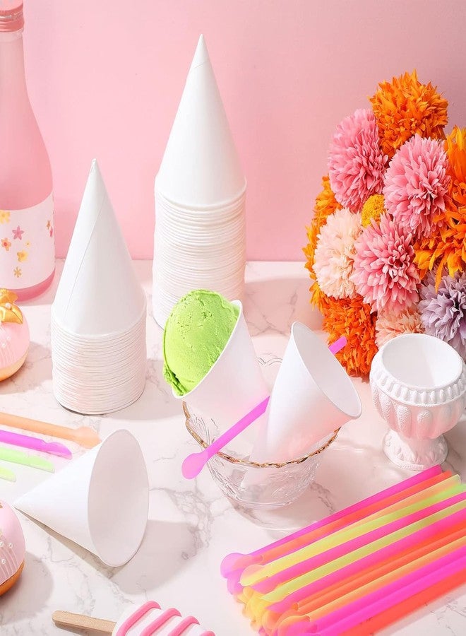 Eaasty 100 Pcs Snow Cone Cups and Straws - 4.5 oz Disposable Cone Paper Cups with Spoon Straws for Slush, Shaved Ice, Cream, Sorbet, Water - Image 4