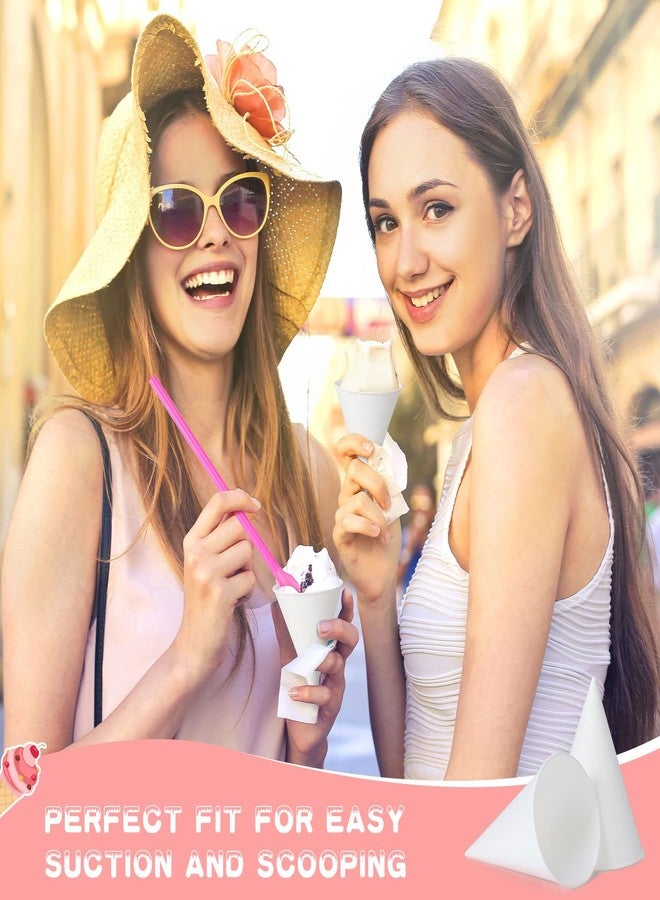 Eaasty 100 Pcs Snow Cone Cups and Straws - 4.5 oz Disposable Cone Paper Cups with Spoon Straws for Slush, Shaved Ice, Cream, Sorbet, Water - Image 3
