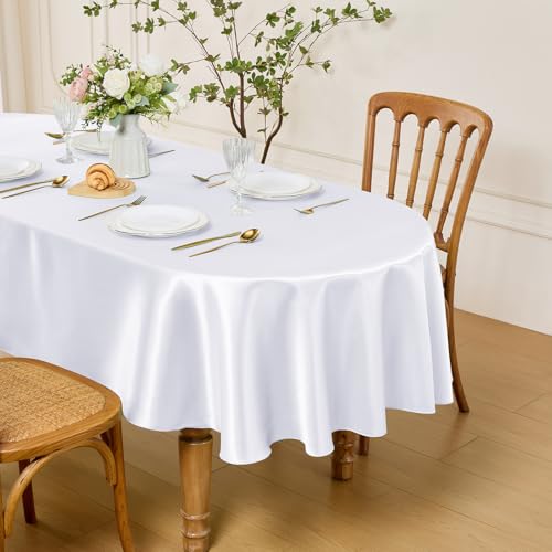 Entisn Oval Tablecloth 60 x 84 Inch, Made of White Satin Fabric, Suitable for 6-8 Seats, Wrinkle-Resistant and Easy-Clean Design Table Decoration for Wedding, Banquet, Kitchen, Indoor and Outdoor - Image 1