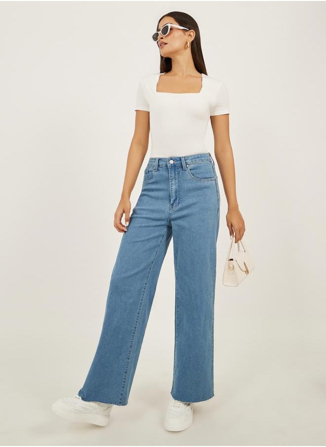 Styli High Rise Rivet Detail Straight Fit Jeans  - Image 1