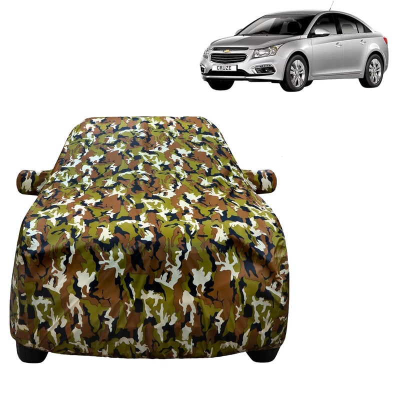 VYAS 100% Waterproof Car Body Cover for Chevrolet Cruze (2009-2017) with Mirror Pocket Triple Stitched Belt & Buckle Fitting Dual Elastic, Durable Material Jungle Print Camouflage Design - Image 1
