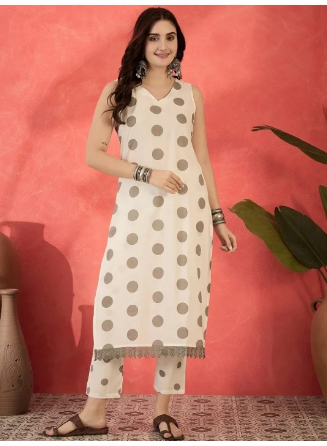AKS White And Grey Polka Dots Kurta Set With Lace Detail
