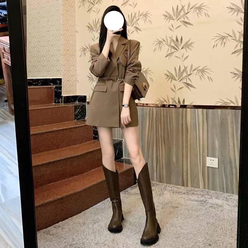 Korean Style Blazer for Women 2021 Autumn Coffee-Colored Suit with a Sense of Design (with Belt) - Image 1