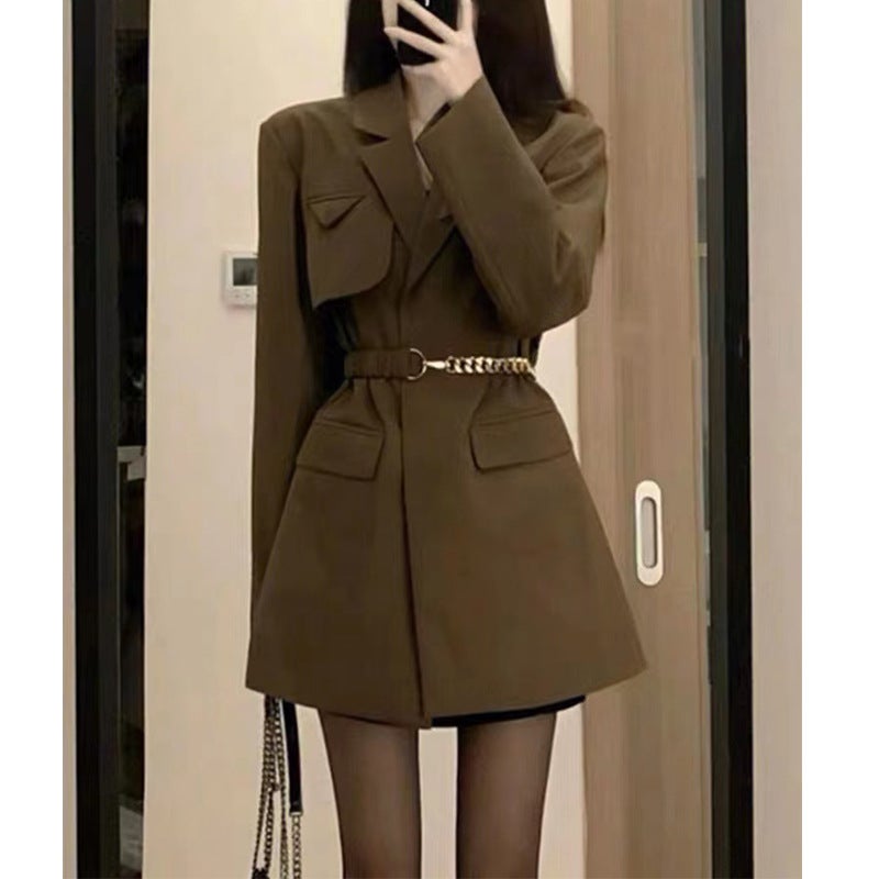 Korean Style Blazer for Women 2021 Autumn Coffee-Colored Suit with a Sense of Design (with Belt) - Image 2