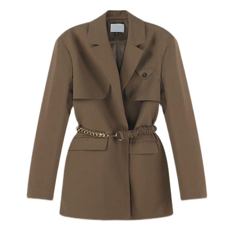 Korean Style Blazer for Women 2021 Autumn Coffee-Colored Suit with a Sense of Design (with Belt) - Image 5
