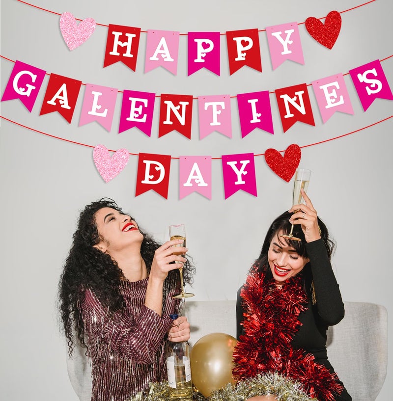 PTFNY Colorful Happy Galentines Day Banner Red Pink Heart Garland Banner Valentines Day Decorations for Galentines Day Girls Ladie Anniversary Decorations Supplies - Image 4