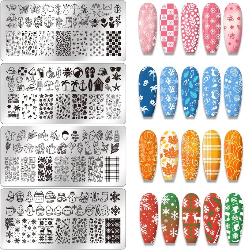 PH PandaHall 4pcs Season Nail Stamping Plate Winter Fall Nails Art Templates Summer Spring Nail Art Stencils Stainless Steel Image Plates for Christmas Thanksgiving Manicures Salon Design
