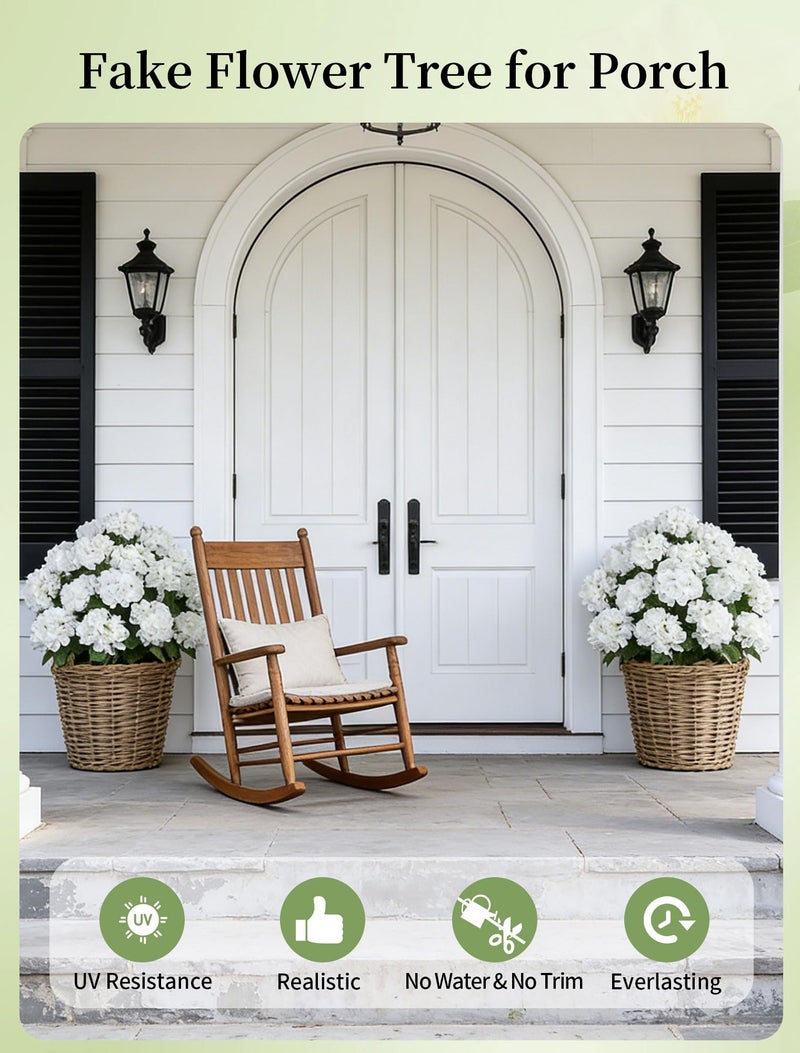 BLOSMON Fake Hydrangea Trees for Outdoors - 2 Packs 33" White Artificial Flower Topiary Ball Trees for Front Porch Decor - 20 Heads Faux Silk Hydrangea Bush Plants with Spike for Garden Yard Patio - Image 2