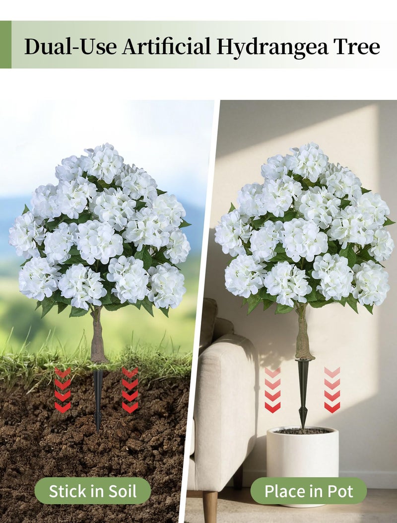 BLOSMON Fake Hydrangea Trees for Outdoors - 2 Packs 33" White Artificial Flower Topiary Ball Trees for Front Porch Decor - 20 Heads Faux Silk Hydrangea Bush Plants with Spike for Garden Yard Patio - Image 5