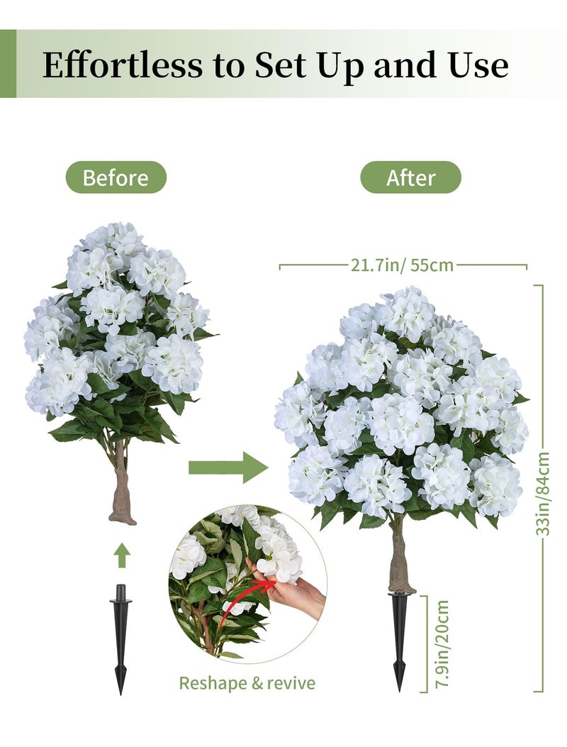 BLOSMON Fake Hydrangea Trees for Outdoors - 2 Packs 33" White Artificial Flower Topiary Ball Trees for Front Porch Decor - 20 Heads Faux Silk Hydrangea Bush Plants with Spike for Garden Yard Patio - Image 3
