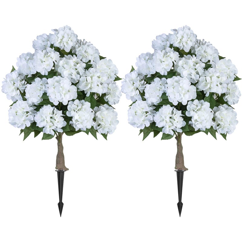 BLOSMON Fake Hydrangea Trees for Outdoors - 2 Packs 33" White Artificial Flower Topiary Ball Trees for Front Porch Decor - 20 Heads Faux Silk Hydrangea Bush Plants with Spike for Garden Yard Patio - Image 1