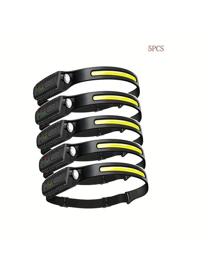 5 Pack Rechargeable COB Headlamp Motion Sensor 350 Lumens Hands Free Light - Image 1