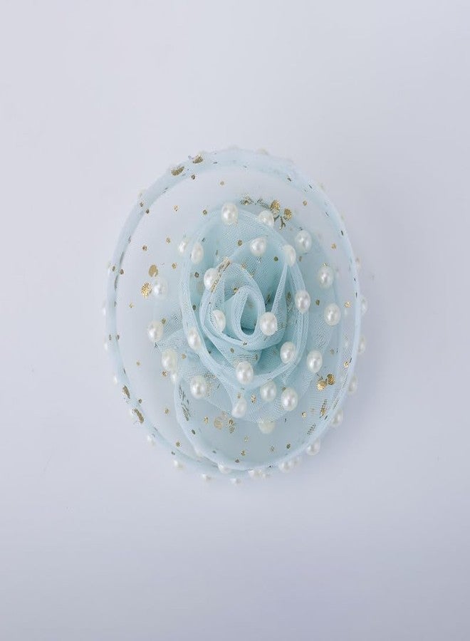 Choko Blooming Pearl Mesh Hair Clip Hair Accessory for Girls - Light Blue, 1 Pc, with Mesh Flower and Golden Accents - Image 1