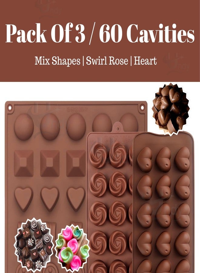 Undy 3 Pcs Chocolate Mould Set | Heart Square Rectangle Round Sphere Rose Pyramid Shape| Silicone Mold for Candy Jelly Fudge Wax Melts Mini Soaps Ice Cubes | Reusable Non-Stick | 60 Cavity | Brown - Image 2