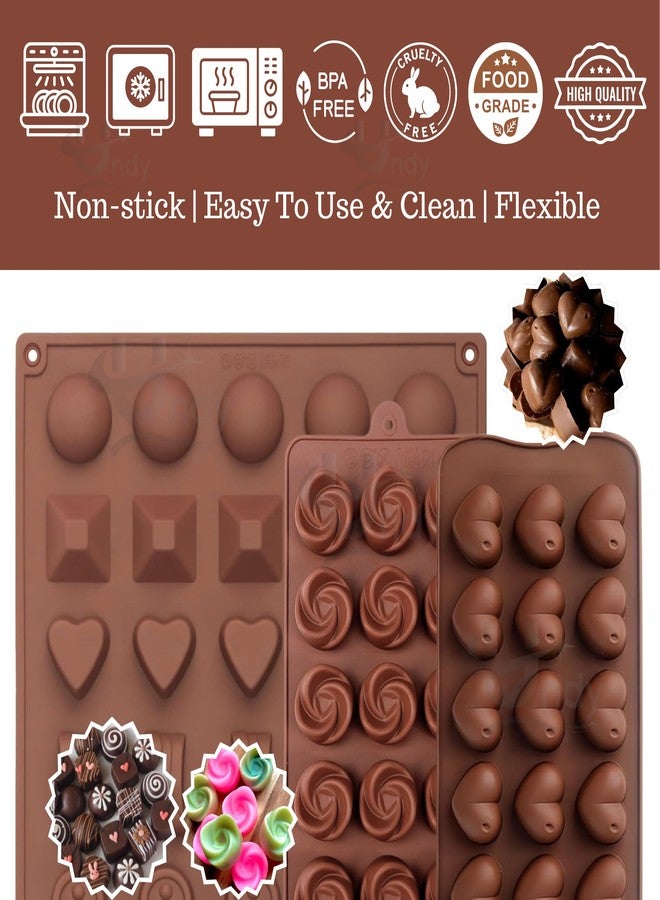 Undy 3 Pcs Chocolate Mould Set | Heart Square Rectangle Round Sphere Rose Pyramid Shape| Silicone Mold for Candy Jelly Fudge Wax Melts Mini Soaps Ice Cubes | Reusable Non-Stick | 60 Cavity | Brown - Image 3
