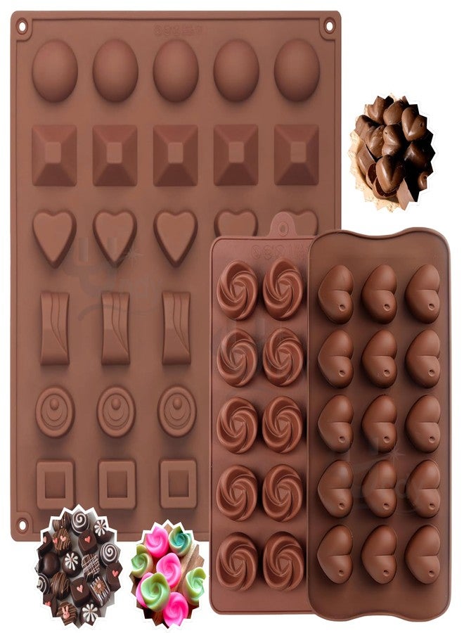 Undy 3 Pcs Chocolate Mould Set | Heart Square Rectangle Round Sphere Rose Pyramid Shape| Silicone Mold for Candy Jelly Fudge Wax Melts Mini Soaps Ice Cubes | Reusable Non-Stick | 60 Cavity | Brown - Image 1