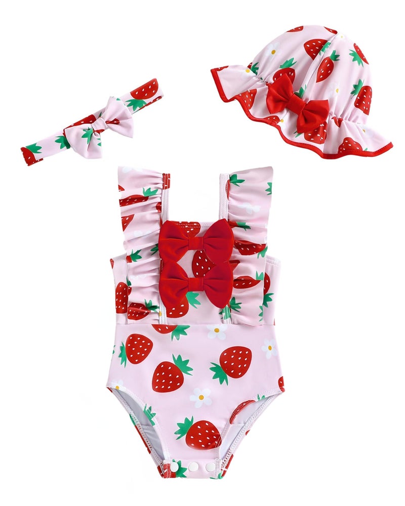 SODLON Baby Girl Swimsuit 6-12 Month Infant Girls One-Piece Swimsuits Ruffle Red Strawberry Bathing Suit with Hat Cute Tankini Bikini Baby Beach Essentials Swimwear - Image 1