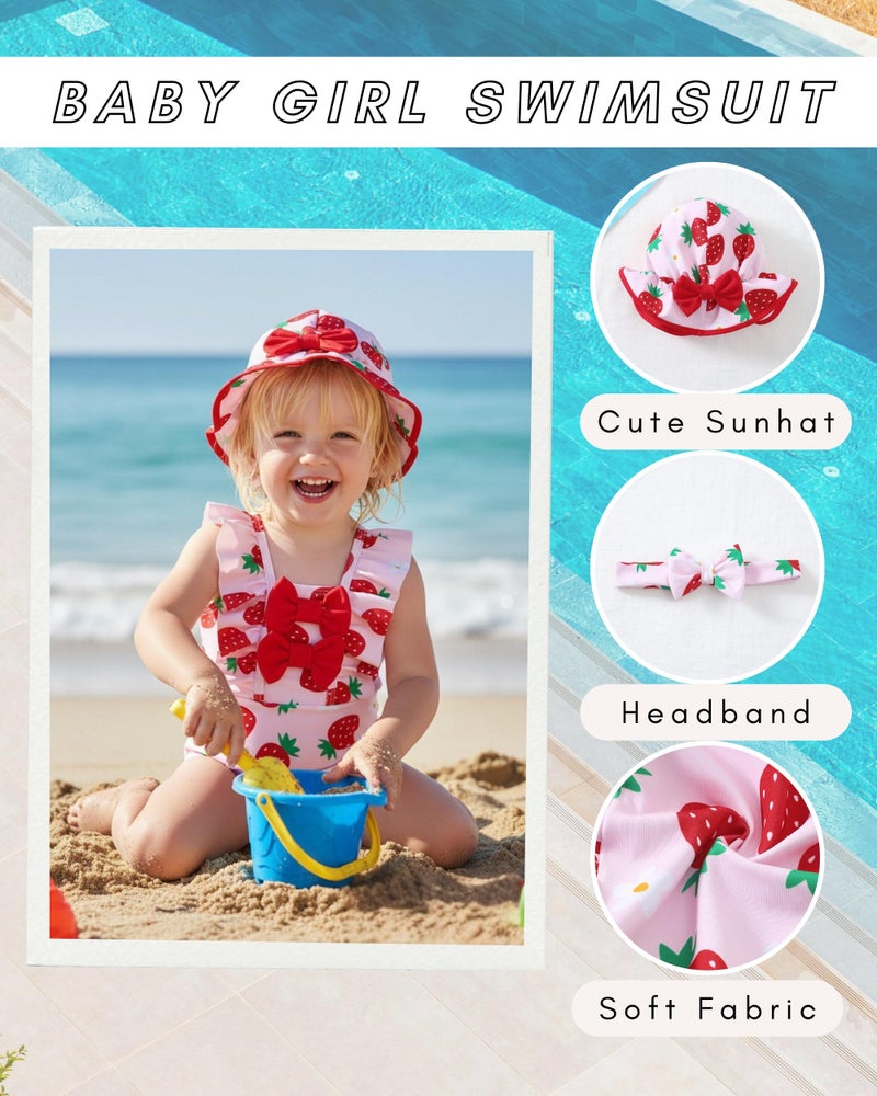 SODLON Baby Girl Swimsuit 6-12 Month Infant Girls One-Piece Swimsuits Ruffle Red Strawberry Bathing Suit with Hat Cute Tankini Bikini Baby Beach Essentials Swimwear - Image 3