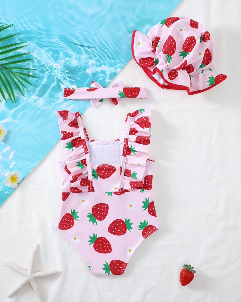 SODLON Baby Girl Swimsuit 6-12 Month Infant Girls One-Piece Swimsuits Ruffle Red Strawberry Bathing Suit with Hat Cute Tankini Bikini Baby Beach Essentials Swimwear - Image 2