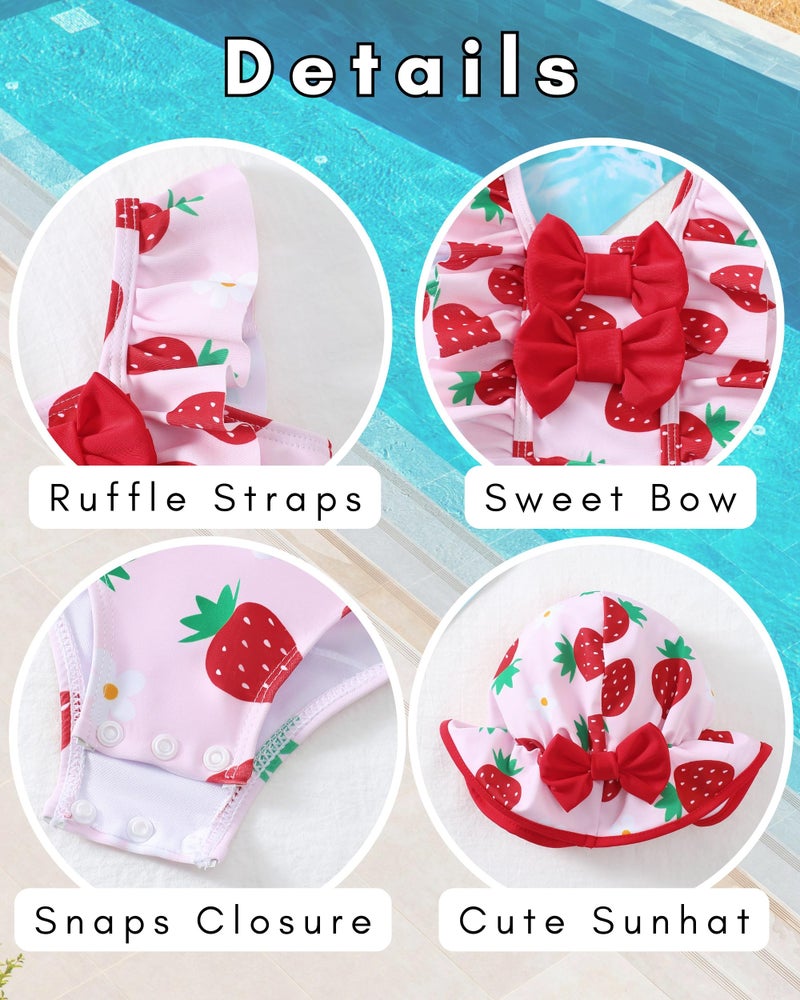 SODLON Baby Girl Swimsuit 6-12 Month Infant Girls One-Piece Swimsuits Ruffle Red Strawberry Bathing Suit with Hat Cute Tankini Bikini Baby Beach Essentials Swimwear - Image 5