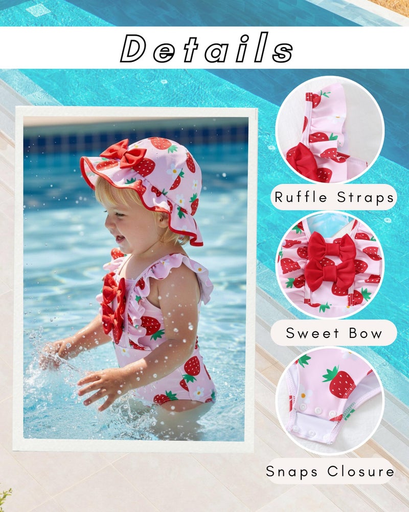 SODLON Baby Girl Swimsuit 6-12 Month Infant Girls One-Piece Swimsuits Ruffle Red Strawberry Bathing Suit with Hat Cute Tankini Bikini Baby Beach Essentials Swimwear - Image 4
