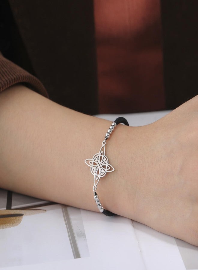 TEAMER Beads Charm Wax Rope Witches Knot Bracelet Stainless Steel Celtic Knot Bracelet Wiccan Symbol Adjustable Bracelet for Women (S Black) - Image 2