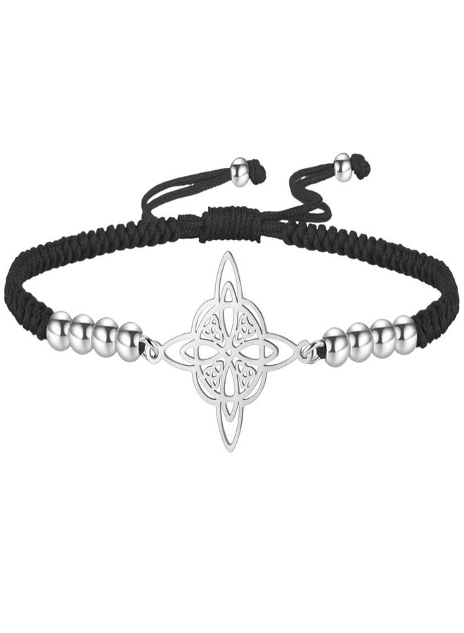 TEAMER Beads Charm Wax Rope Witches Knot Bracelet Stainless Steel Celtic Knot Bracelet Wiccan Symbol Adjustable Bracelet for Women (S Black) - Image 1