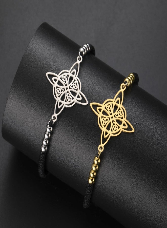 TEAMER Beads Charm Wax Rope Witches Knot Bracelet Stainless Steel Celtic Knot Bracelet Wiccan Symbol Adjustable Bracelet for Women (S Black) - Image 4