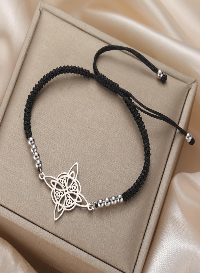 TEAMER Beads Charm Wax Rope Witches Knot Bracelet Stainless Steel Celtic Knot Bracelet Wiccan Symbol Adjustable Bracelet for Women (S Black) - Image 5