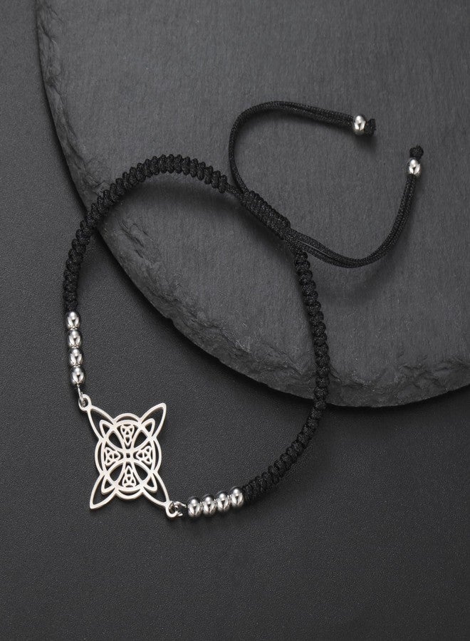 TEAMER Beads Charm Wax Rope Witches Knot Bracelet Stainless Steel Celtic Knot Bracelet Wiccan Symbol Adjustable Bracelet for Women (S Black) - Image 3