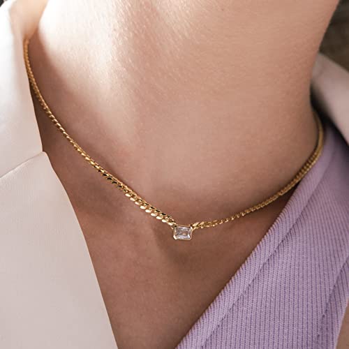 espere Baguette CZ Necklace | Emerald Cut Pendant Cuban Link Chain Choker 14'' with 2'' Extender - Image 2